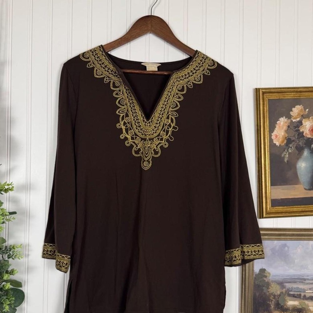 Michael Kors Embroidered Brown Tunic Top Large